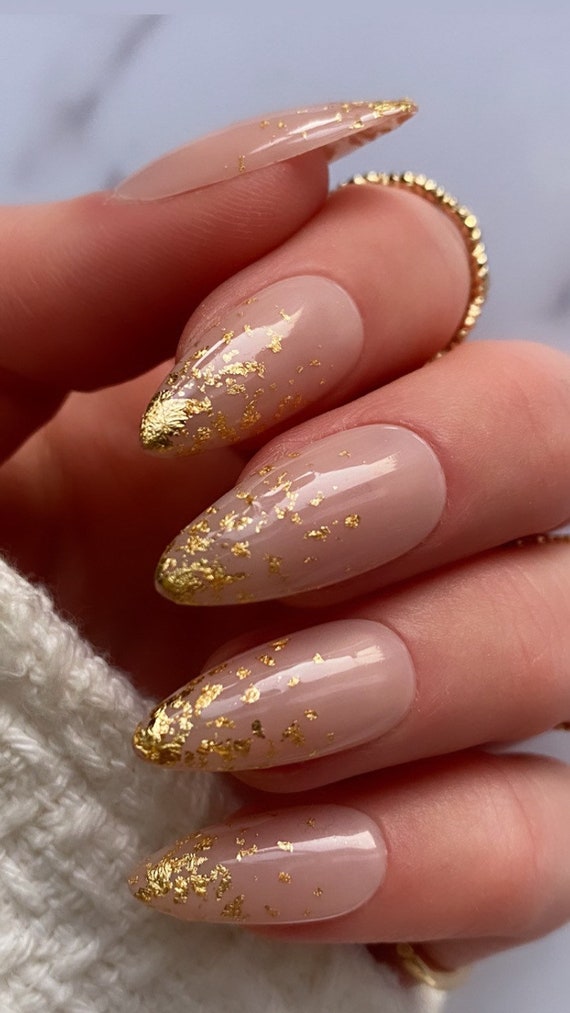 Gold Leaf Ombre Custom Press on Nails Gold Leaf False Nails Nude