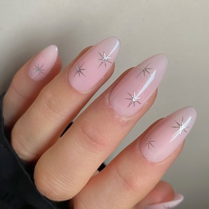 Silver Stars Custom Press On Nails | Celestial Luxury False Nails | Milky Pink Sheer Stick On Nails