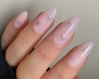 Silver Stars Custom Press On Nails | Celestial Luxury False Nails | Milky Pink Sheer Stick On Nails