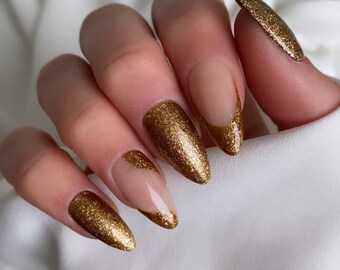 Gold French And Swirl Custom Press On Nails | Gold Christmas Luxury False Nails | Long Almond Stick On Nails