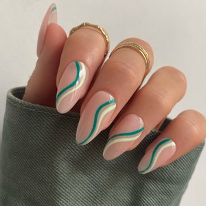 Mint And Teal Green Swirl Custom Press On Nails Luxury False Nails Almond long Stick On Nails image 2