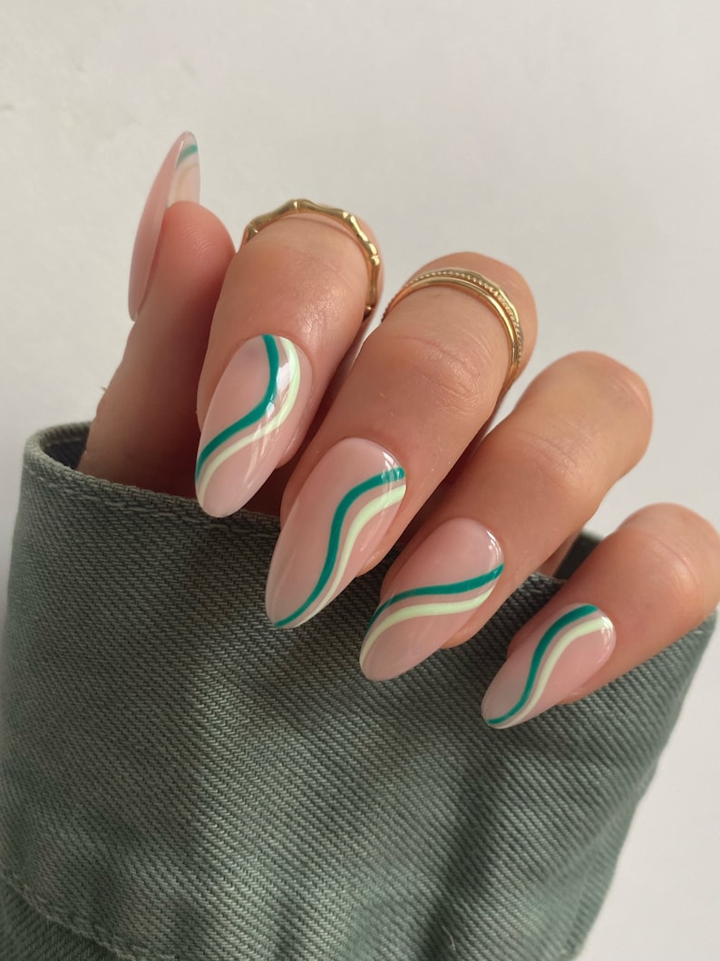 Mint And Teal Green Swirl Custom Press On Nails Luxury False Nails Almond long Stick On Nails image 2