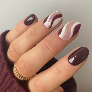 Burgundy Swirl Custom Press On Nails | Autumn Luxury False Nails | Fall Stick On Nails
