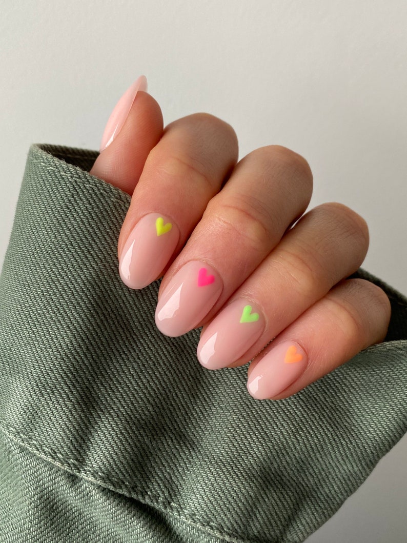 Neon Heart Custom Press On Nails Rainbow Luxury False Nails Pride Stick On Nails image 1