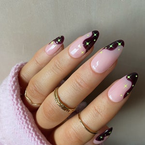 Neon Star Abstract Custom Press On Nails | Celestial Luxury Nails | Yellow Glue On Nails