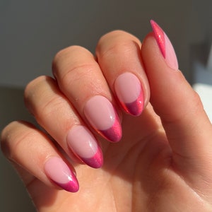 Raspberry Chrome French Custom Press On Nails | Autumn Almond Short False Nails | Pink Stick On Nails