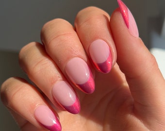 Raspberry Chrome French Custom Press On Nails | Autumn Almond Short False Nails | Pink Stick On Nails