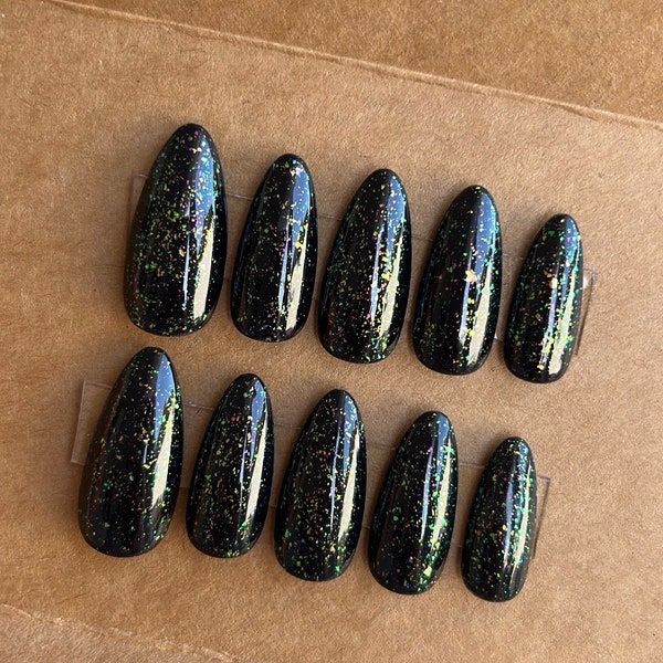 Black Sparkle Custom Press On Nails | Halloween Fake Nails | Glitter Stick On Nails