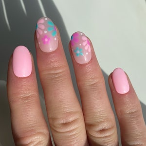 Pink And Blue Flowers Custom Press On Nails | Floral False Nails | Spring Glue On Nails
