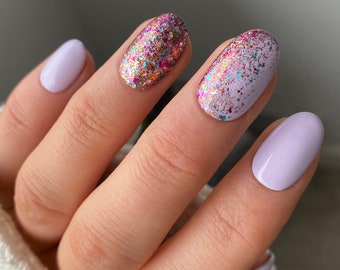 Lilac And Glitter Flakes Custom Press On Nails | Purple Stick On Nails | Luxury False Nails