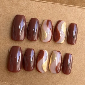 Brown And Gold Swirls Custom Press On Nails | Luxury Glue On Nails | False Nails