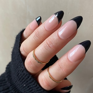 Black French Custom Press On Nails | Halloween Stick On Nails | Luxury False Nails