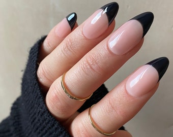 Presse personnalisée française noire sur les ongles | Halloween Stick On Nails | Faux ongles de luxe