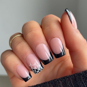 Black French And Web Custom Press On Nails | Halloween Glue On Nails | Luxury Fake Nails