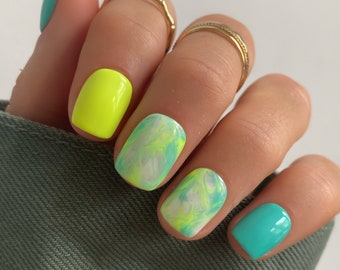 Turquoise And Lime Marble Custom Press On Nails | Summer Nails | Blue Luxury Swirl Glue on Nails