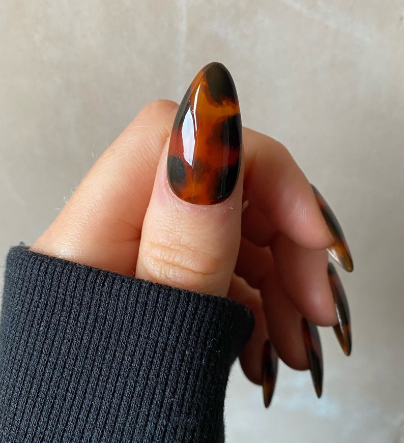 Tortie Custom Press On Nails Autumn Winter False Nails Luxury Fall Glue On Nails Brown Almond Nails image 2