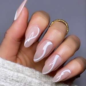 Nude With White Swirl Custom Press On Nails Sheer Luxury Nails On Trend Stick On Nails image 1