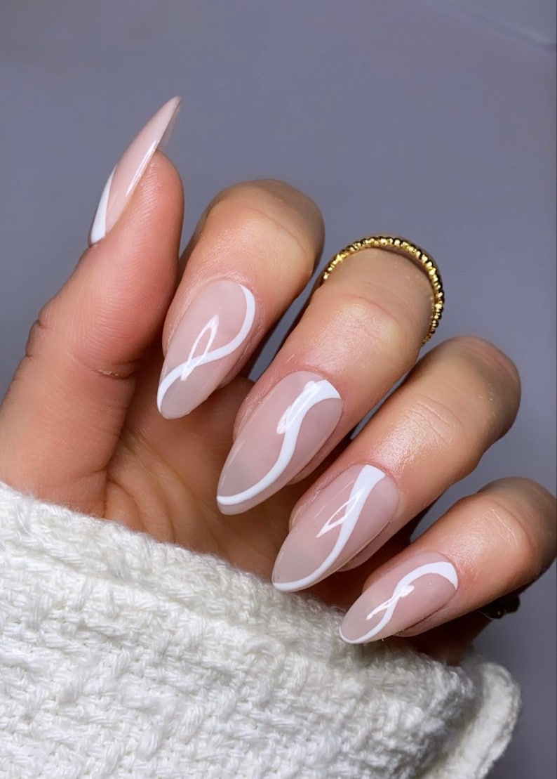 Nude With White Swirl Custom Press On Nails Sheer Luxury Nails On Trend Stick On Nails image 1