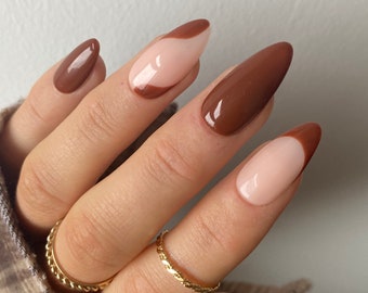 Brown French And Swirl Custom Press On Nails | Autumn False Nails | Luxury Stick On Nails