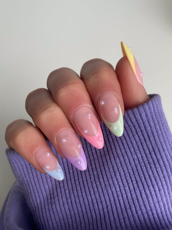 Pastel French With Mini Pearls Custom Press on Nails Luxury False