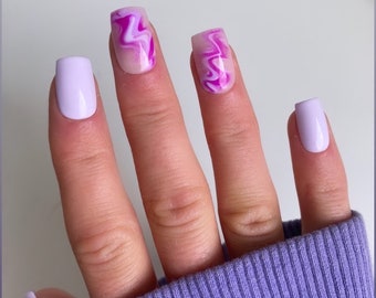 Purple Marble Custom Press On Nails | Square Pink False Nails | Swirl Stick On Nails