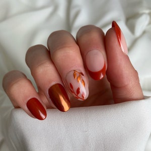 Burnt Orange Leaf Custom Press On Nails | Fall Stick On Nails | Autumn False Nails