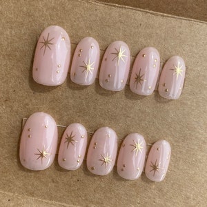 Gold Chrome Star Custom Press On Nails Celestial Luxury False Nails Star Stick On Nails Short Round Nails image 2