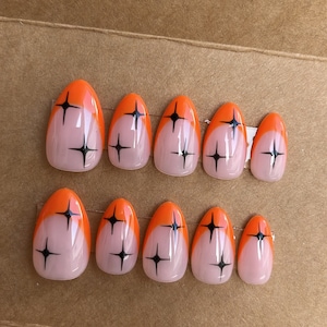 Halloween Black Sparkle Custom Press On Nails | Celestial Luxury False Nails | Orange Round Short Nails
