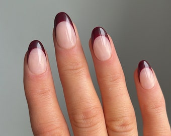 Burgundy French Custom Press On Nails | Autumn Stick On Nails | Fall Luxury False Nails