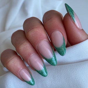 Green Reflective French Custom Press On Nails | Luxury Christmas Nails | Almond Long Glue On Nails | Festive False Nails