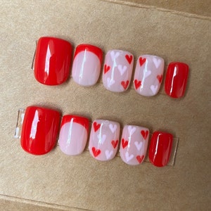 Valentines Hearts Custom Press On Nails Pink And Red False Nails Luxury Stick On Nails image 2