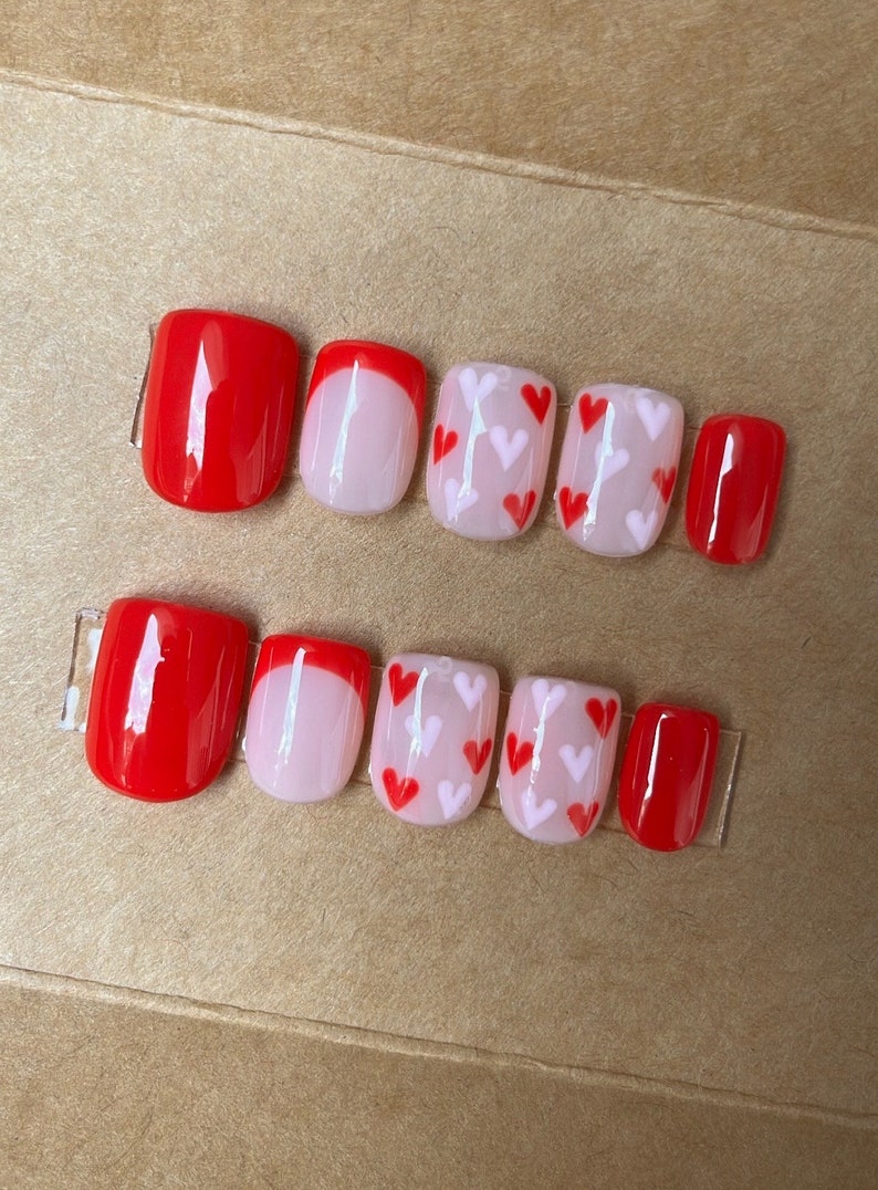 Valentines Hearts Custom Press On Nails Pink And Red False Nails Luxury Stick On Nails image 2