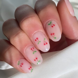 Mini Cherries Custom Press On Nails | Fruit False Nails | Luxury Glue On Nails | Fun Nail art