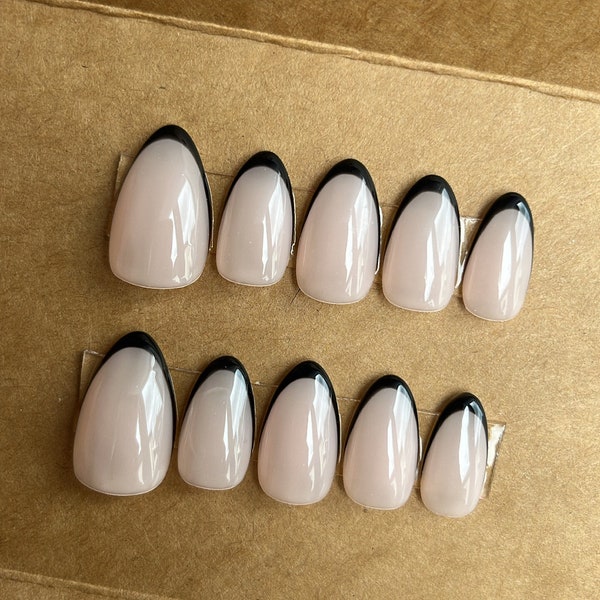 Black Micro French Manicure Custom Press On Nails | Short False Nails | Black Tips Stick On Nails