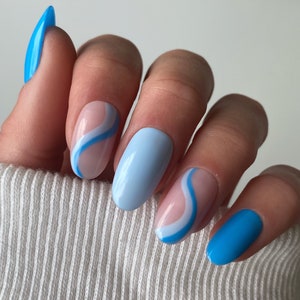 Blue Swirl Custom Press On Nails Summer Stick On Nails Luxury False Nails image 1