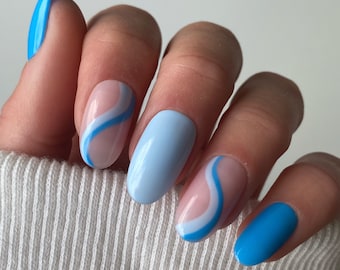 Blue Swirl Custom Press On Nails | Summer Stick On Nails | Luxury False Nails