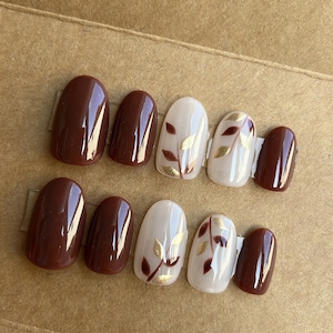 Brown And Gold Leaf Custom Press On Nails | Fall Fake Nails | Autumn False Nails