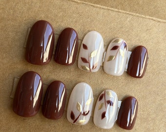 Brown And Gold Leaf Custom Press On Nails | Fall Fake Nails | Autumn False Nails