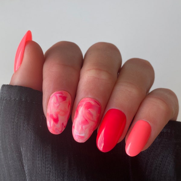 Coral Marble Custom Press On Nails | Summer Luxury False Nails | Pink Stick On Nails