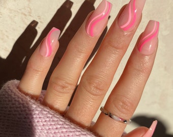 Pink Swirl Custom Press On Nails | Summer False Nails | Square Long Fake Nails