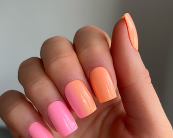 Orange And Pink Fade Custom Press On Nails |  Summer Glue On Nails | Luxury Stick On Nails