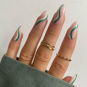 Mint And Teal Green Swirl Custom Press On Nails Luxury False Nails Almond long Stick On Nails image 1
