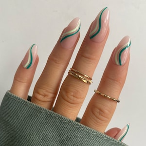 Mint And Teal Green Swirl Custom Press On Nails Luxury False Nails Almond long Stick On Nails image 1