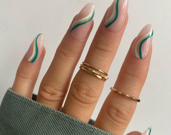 Mint And Teal Green Swirl Custom Press On Nails | Luxury False Nails | Almond long Stick On Nails