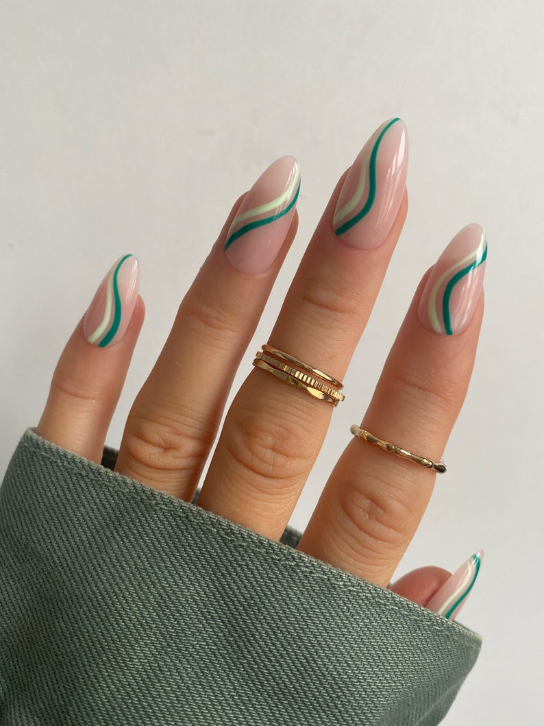 Mint And Teal Green Swirl Custom Press On Nails Luxury False Nails Almond long Stick On Nails image 1