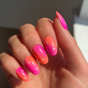 Summer Stars Custom Press On Nails | Pink And Orange False Nails | Celestial Luxury Stick On Nails