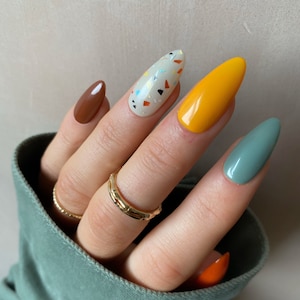 Terrazzo Custom Press On Nails | Autumn Winter Stick On Nails | Fall Brown False Nails