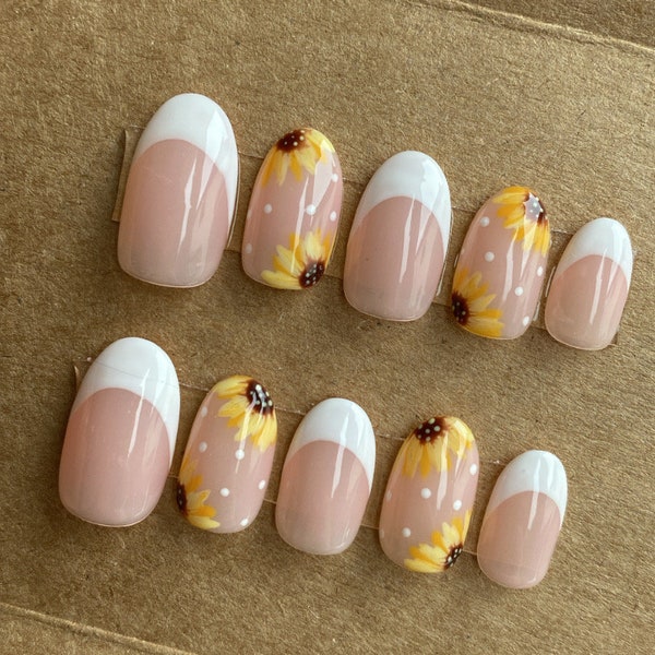 Sunflowers Custom Press On Nails | Summer False Nails | Yellow Luxury Short Round Stick On Nails