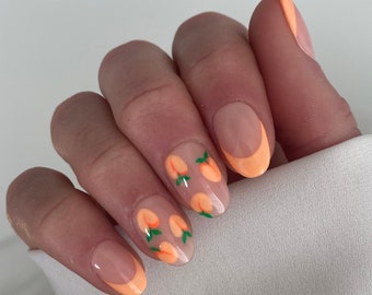 Peaches Custom Press On Nails | Fruit False Nails | Orange Stick On Nails | Almond Summer Nails