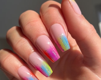 Rainbow Tips Custom Press On Nails | Pride Stick On Nails | Multicolour False Nails